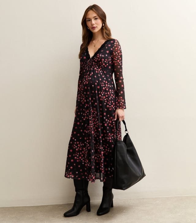 New Look Women's Maternity Black Rose Long Sleeve Lace Mesh Midi Dress New Look - 3