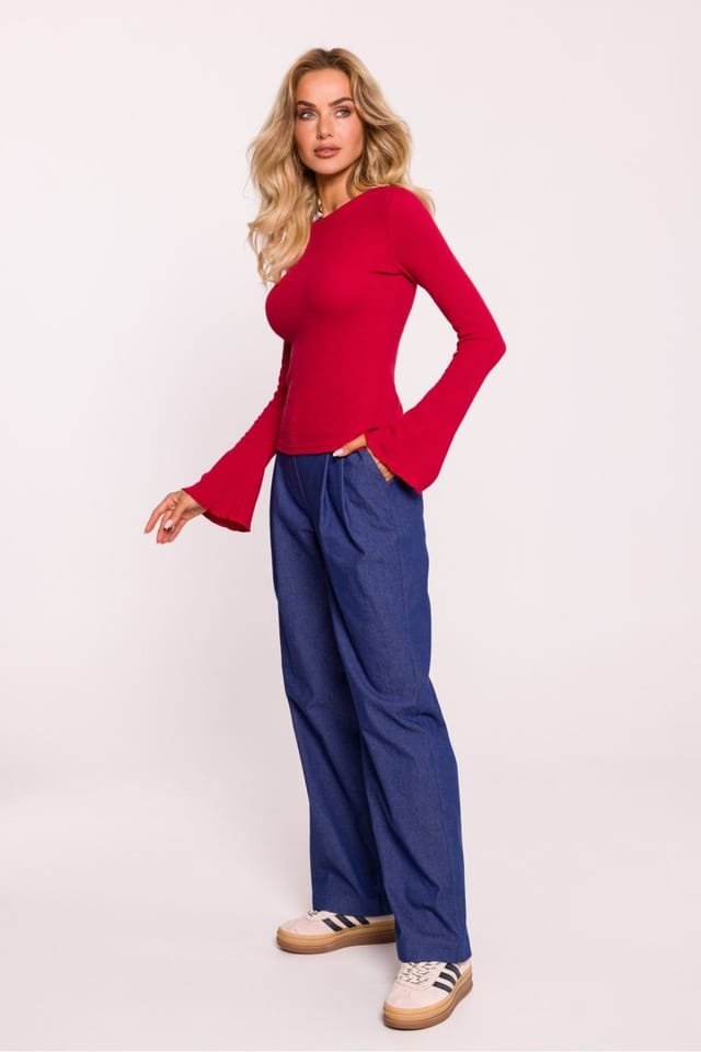 Love Lace Love Lace Women's Ribbed Cotton Fitted Long Sleeve Blouse Style 199658 in Red - 2