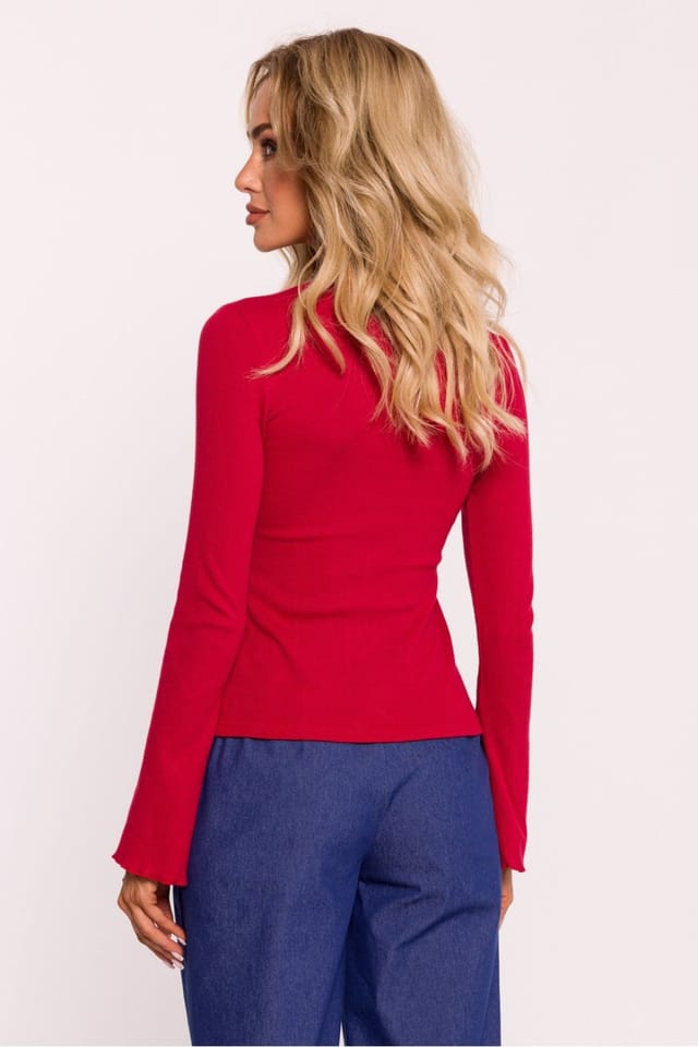 Love Lace Love Lace Women's Ribbed Cotton Fitted Long Sleeve Blouse Style 199658 in Red - 3