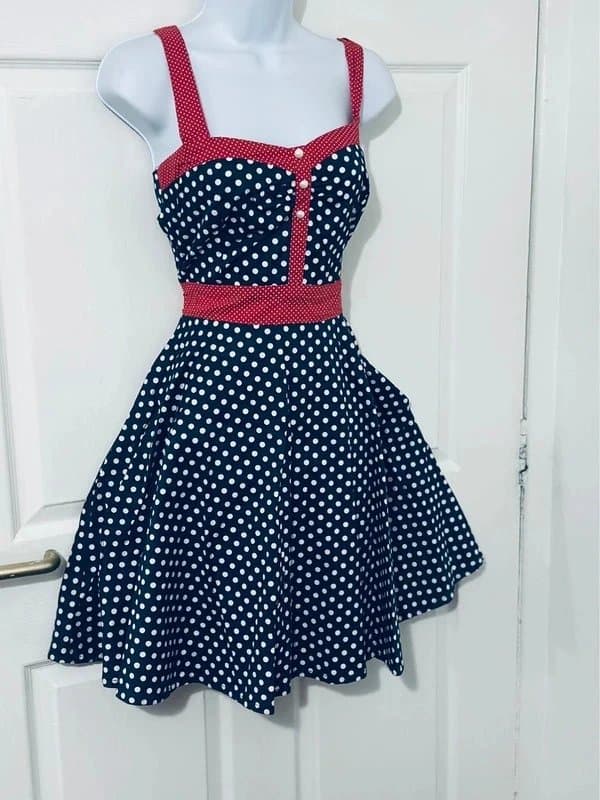 Friday on my mind Beautiful Friday On My Mind Navy/White/Red Polka Dot Halterneck Summer Dress Size M