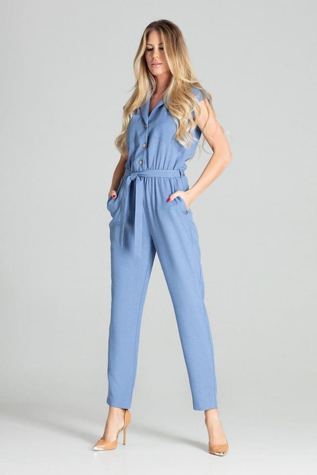 Love Lace Love Lace Women's Sleeveless Button Front Tie Waist Jumpsuit in Blue - 2