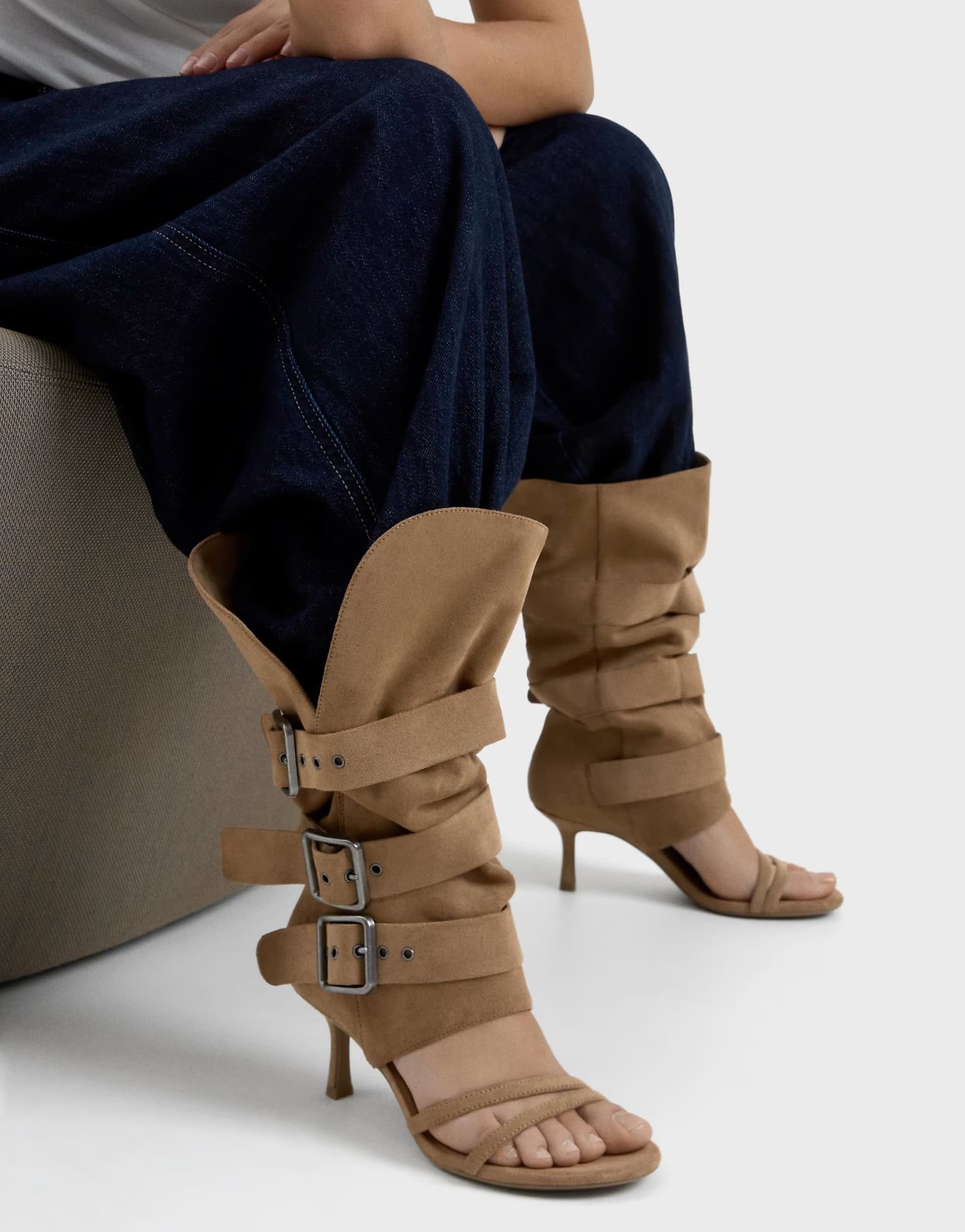 ASOS ASOS Beige Suede Heeled Trousers Sandals with Buckles
