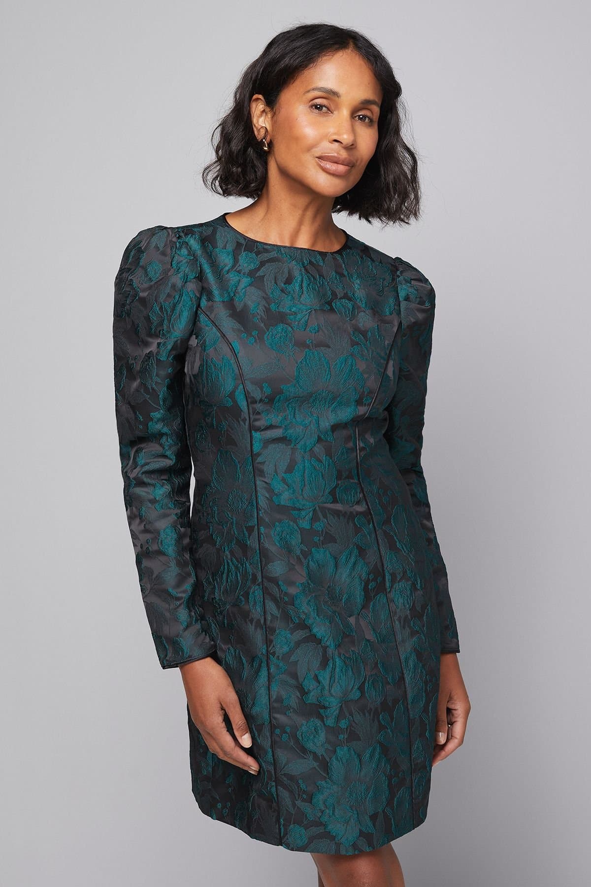 Wallis Wallis Women's Floral Jacquard Puff Sleeve Shift Dress in Green