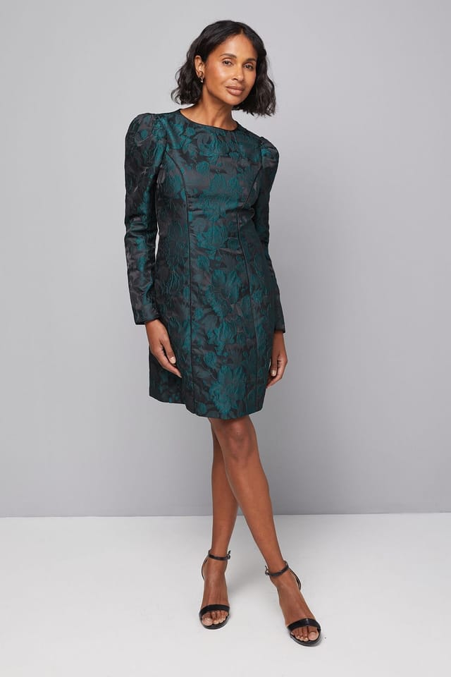 Wallis Wallis Women's Floral Jacquard Puff Sleeve Shift Dress in Green - 2