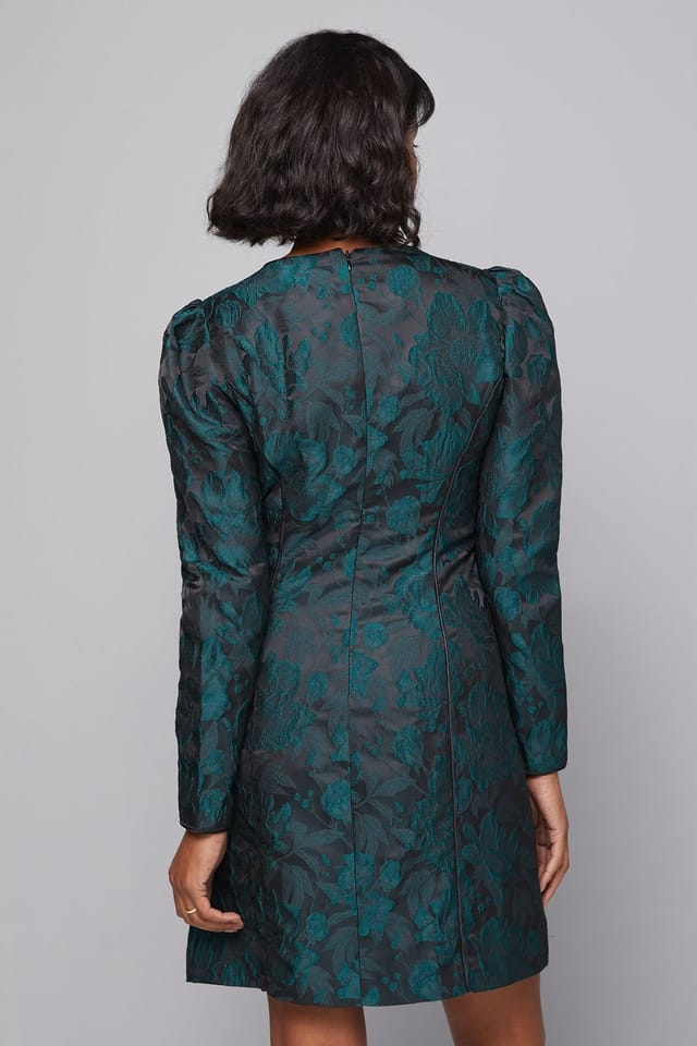 Wallis Wallis Women's Floral Jacquard Puff Sleeve Shift Dress in Green - 3