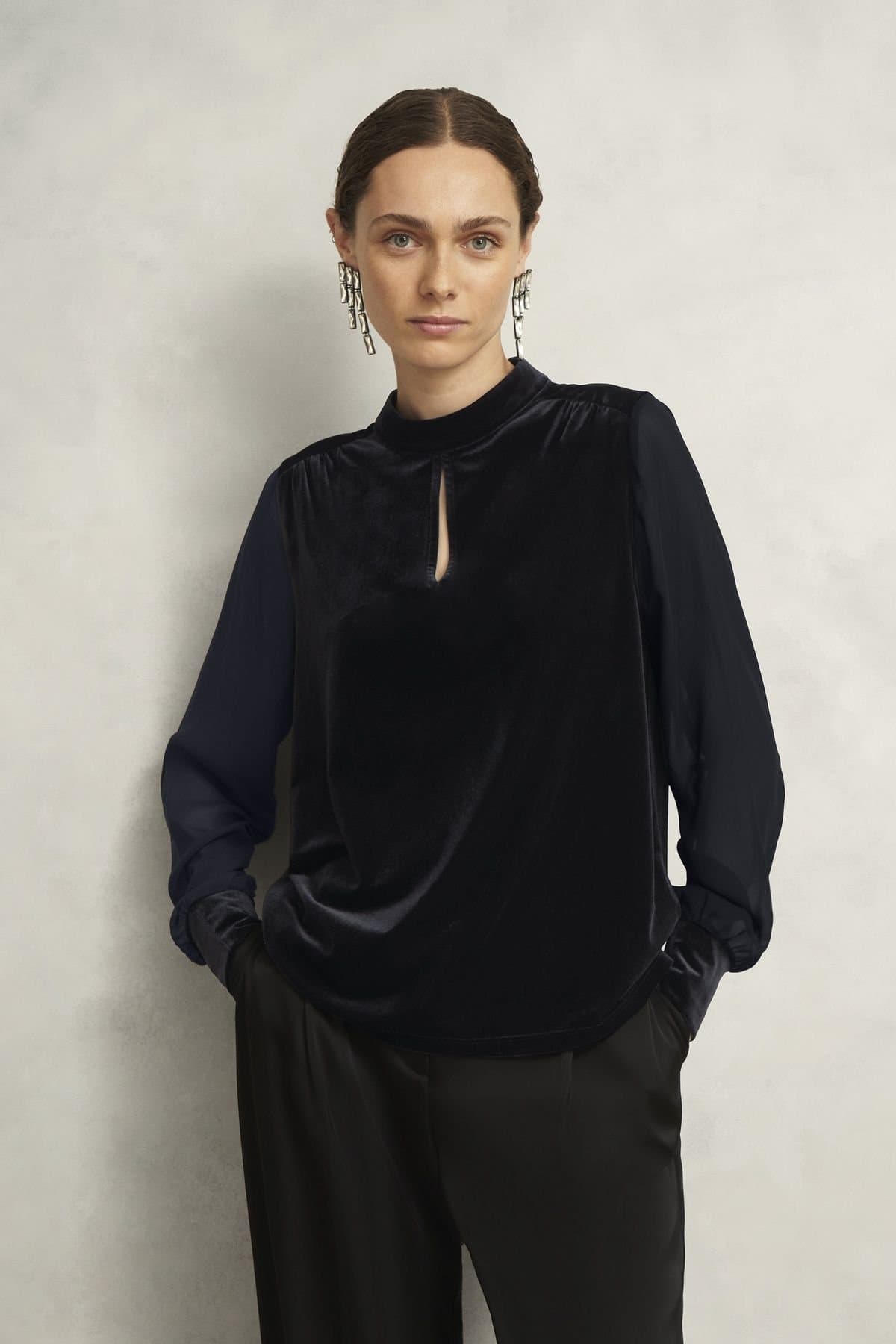 Hobbs London Hobbs London Jet Black Velvet Keyhole Neckline Top