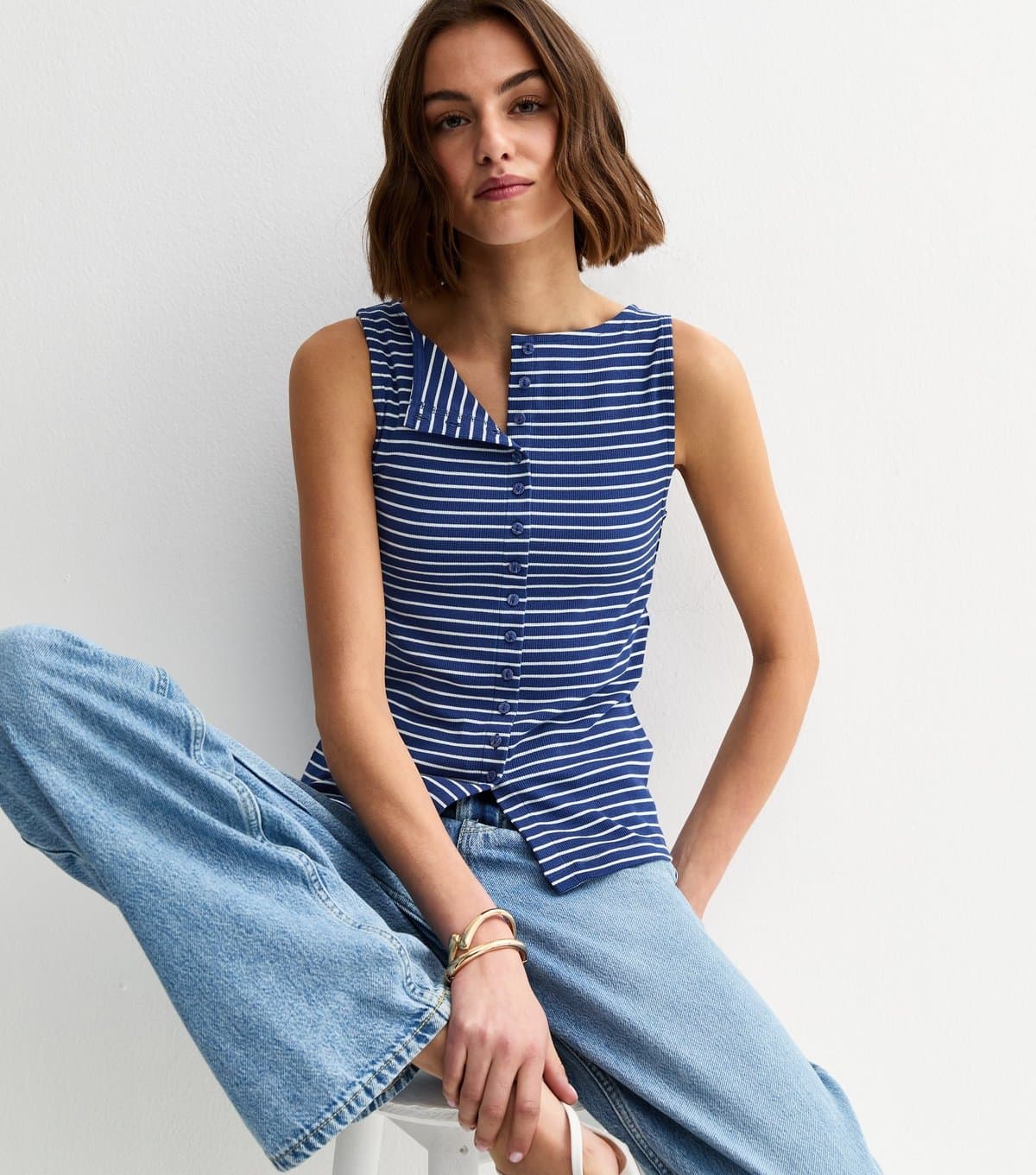 New Look Women's Dark Blue Stripe Button Through Tank Top New Look