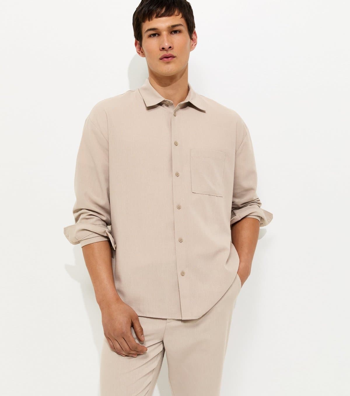New Look Men's Stone Oversized Linen Look Shirt New Look