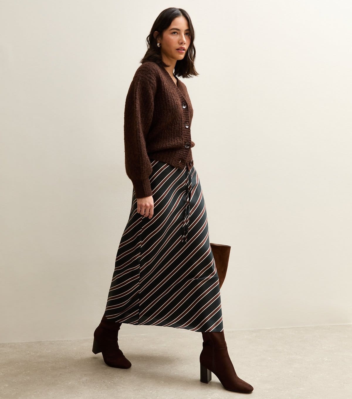 New Look Black Striped Satin Midi Skirt