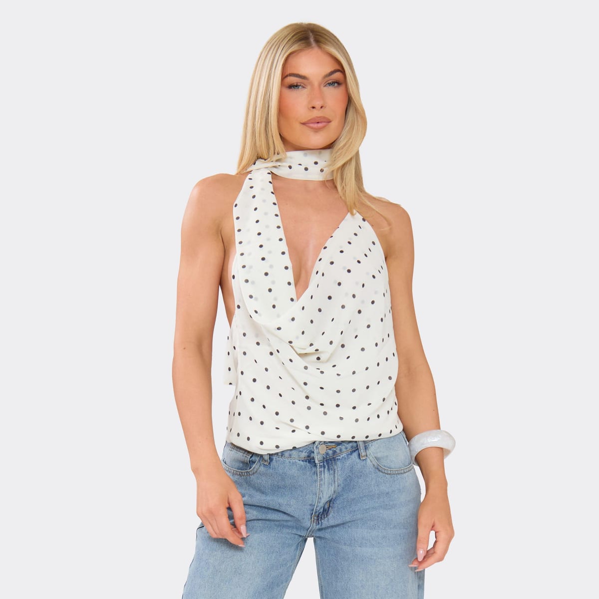 EGO Cowl Neck Scarf Top In White Polka Dot, Women's Size UK L - 1