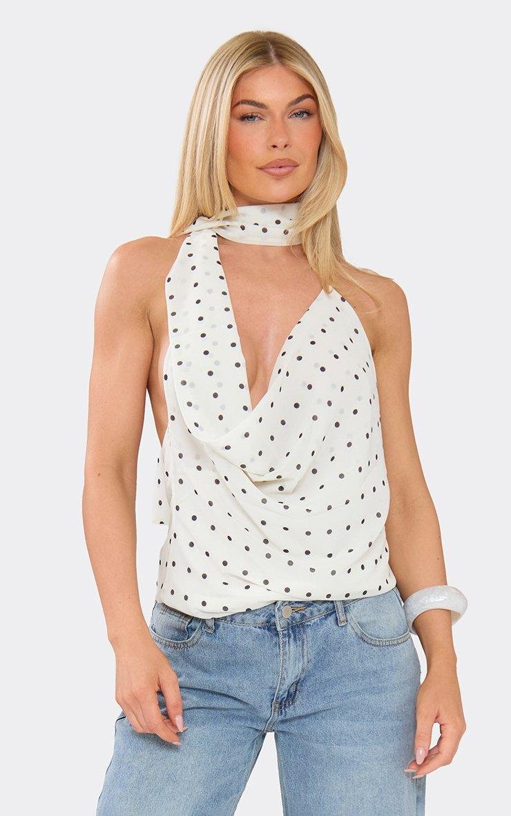 EGO Cowl Neck Scarf Top In White Polka Dot, Women's Size UK L - 2
