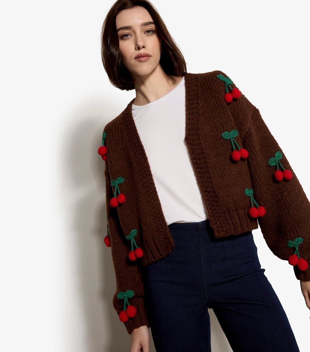 Apricot Women's Brown Cherry Appliqued Open Cardigan Apricot New Look