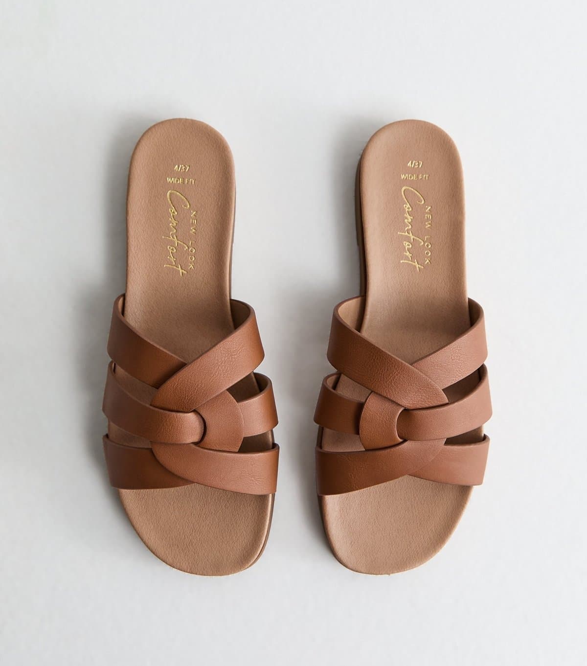 New Look Women's Wide Fit Tan Faux Leather Interwoven Straps Mule Sandals Vegan New Look