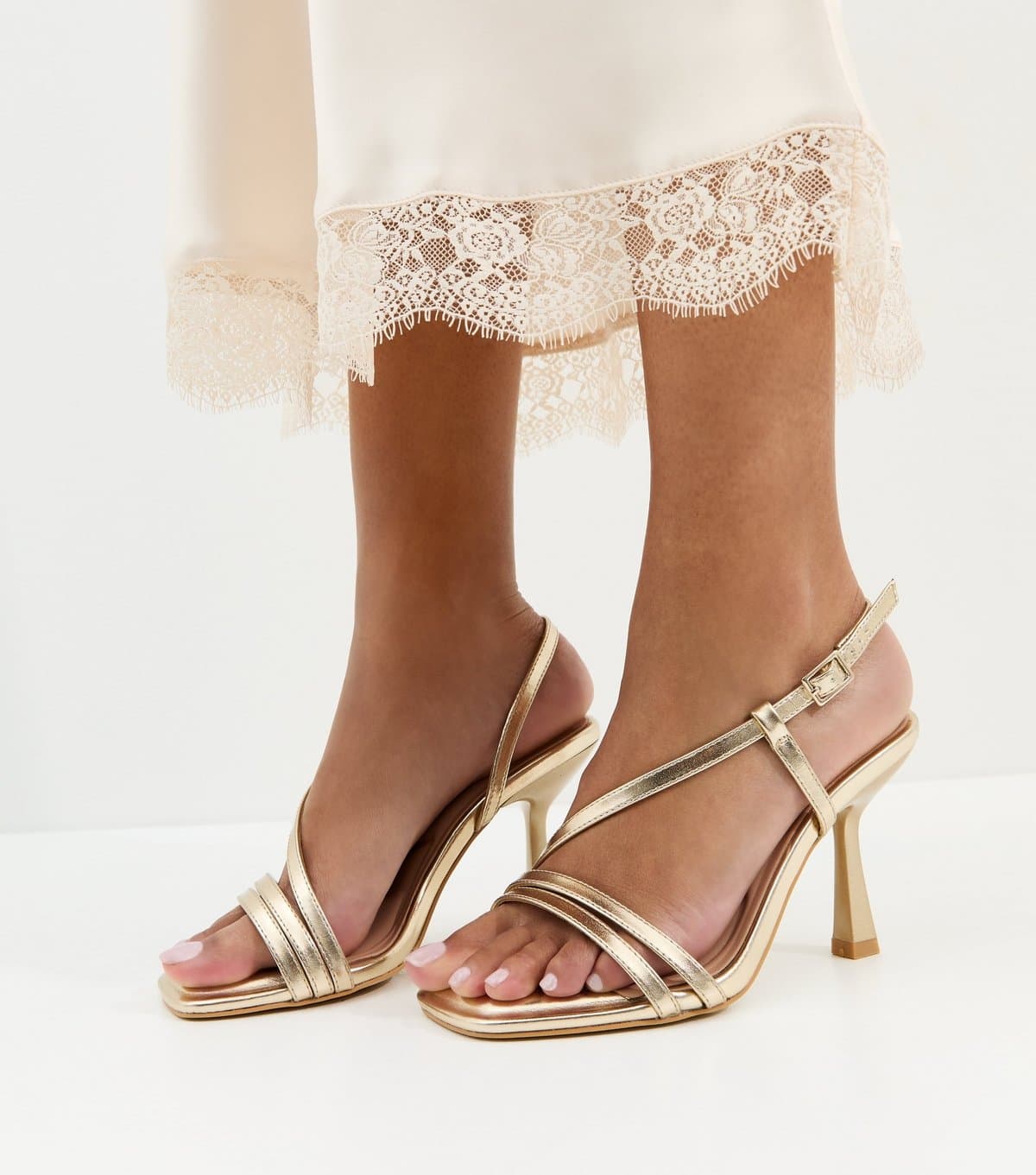 New Look Women's Extra Wide Fit Gold Multi Strap Twist Stiletto Sandals Vegan New Look