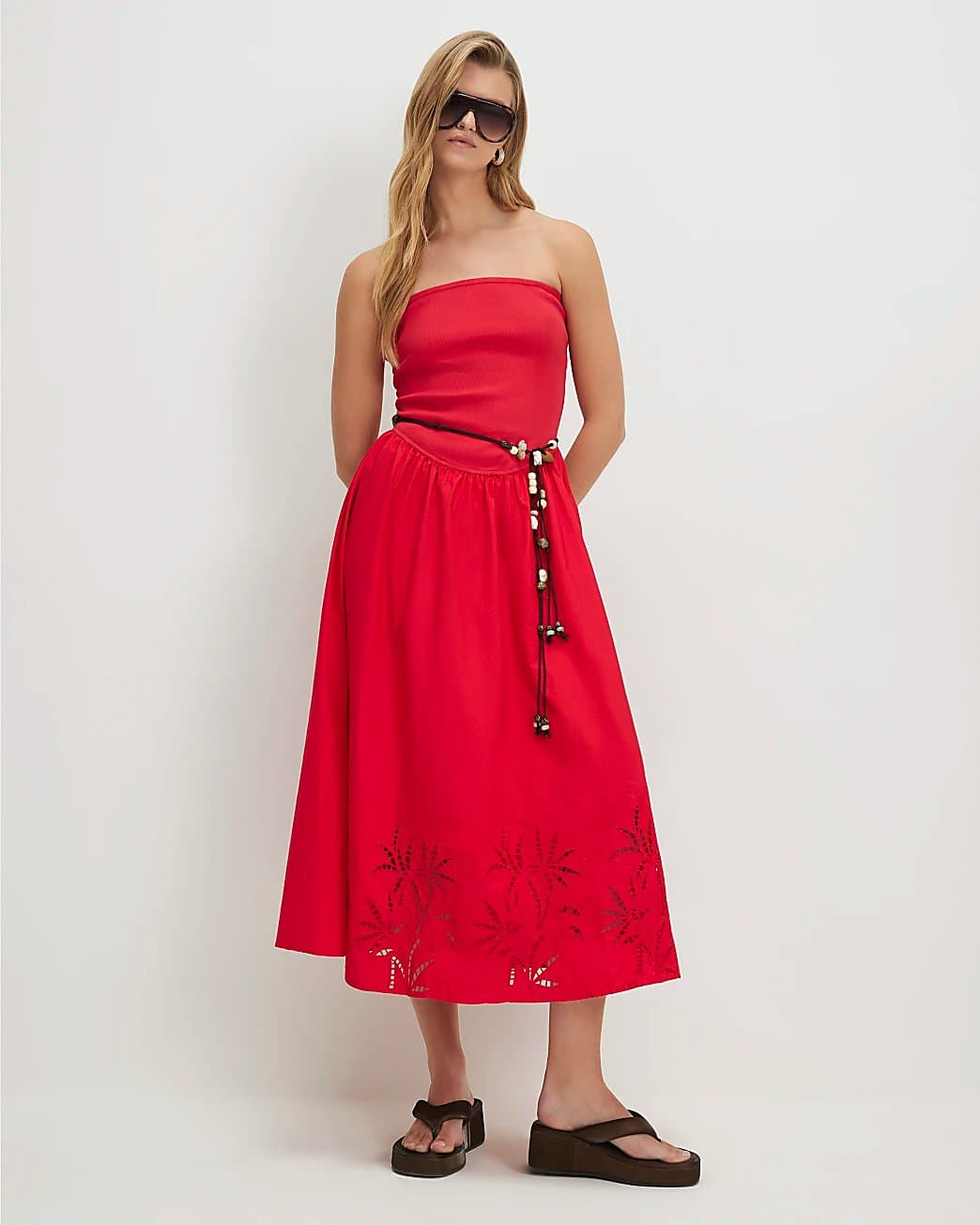 River Island River Island Womens Red Cotton Blend Bandeau Cutwork Hybrid Dress