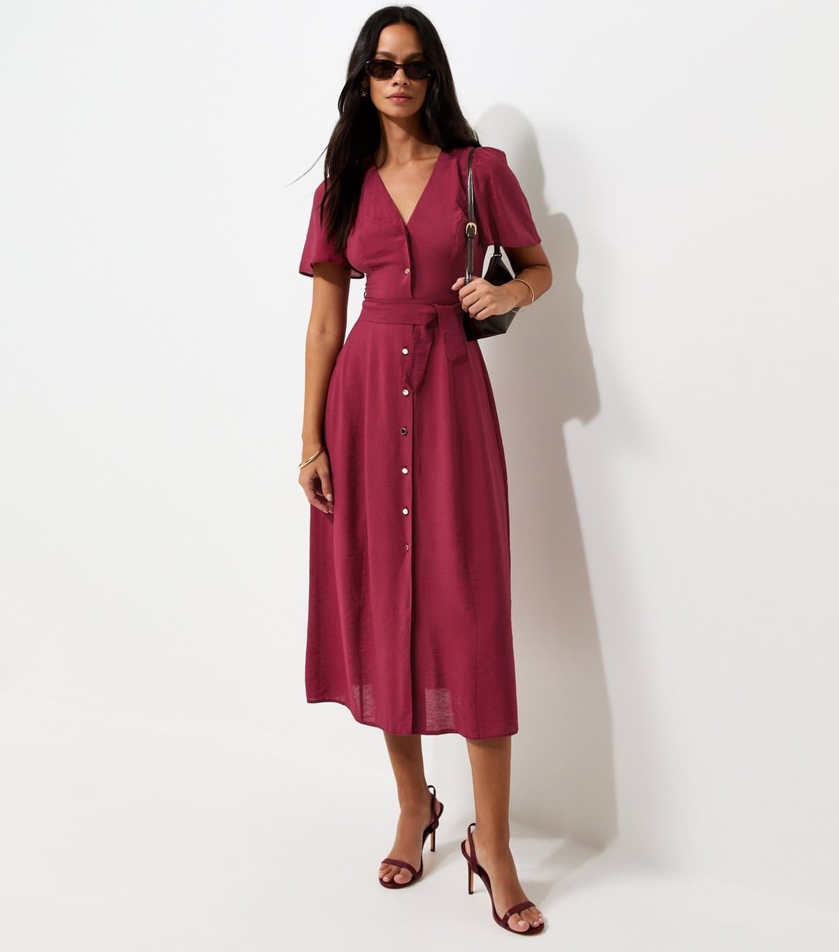 New Look Women's Dark Burgundy Button Front Flutter Sleeve Midi Dress New Look