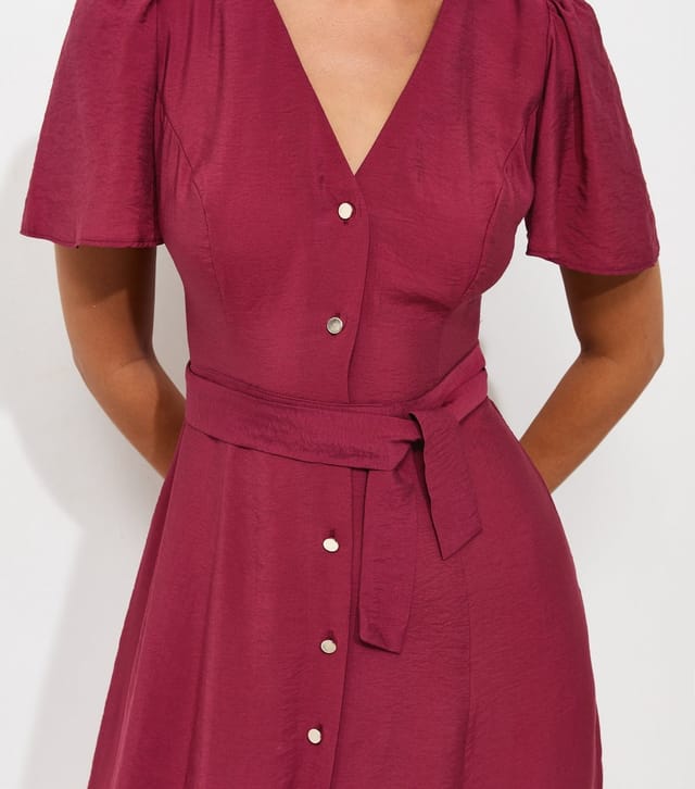 New Look Women's Dark Burgundy Button Front Flutter Sleeve Midi Dress New Look - 3