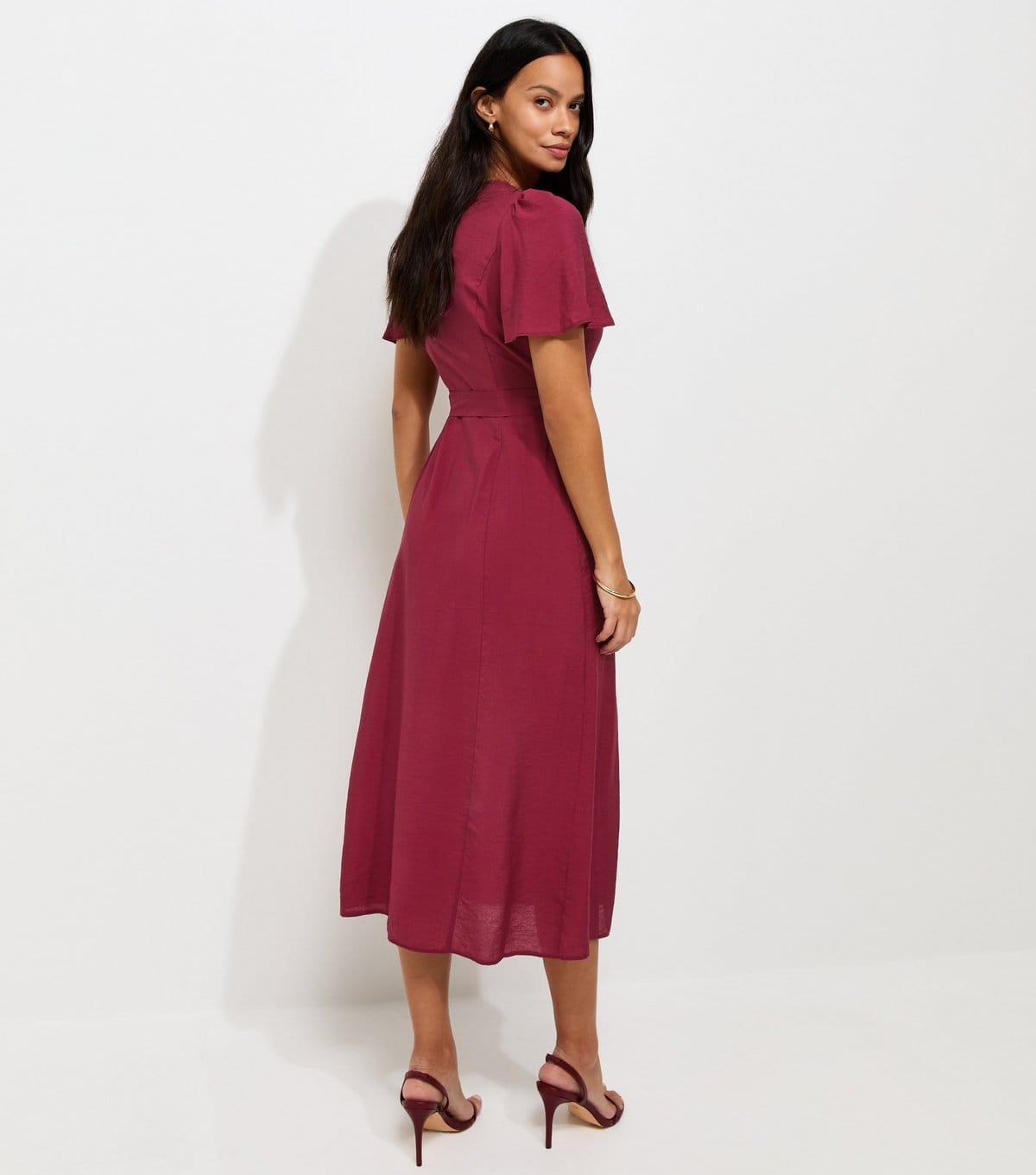 New Look Women's Dark Burgundy Button Front Flutter Sleeve Midi Dress New Look - 4