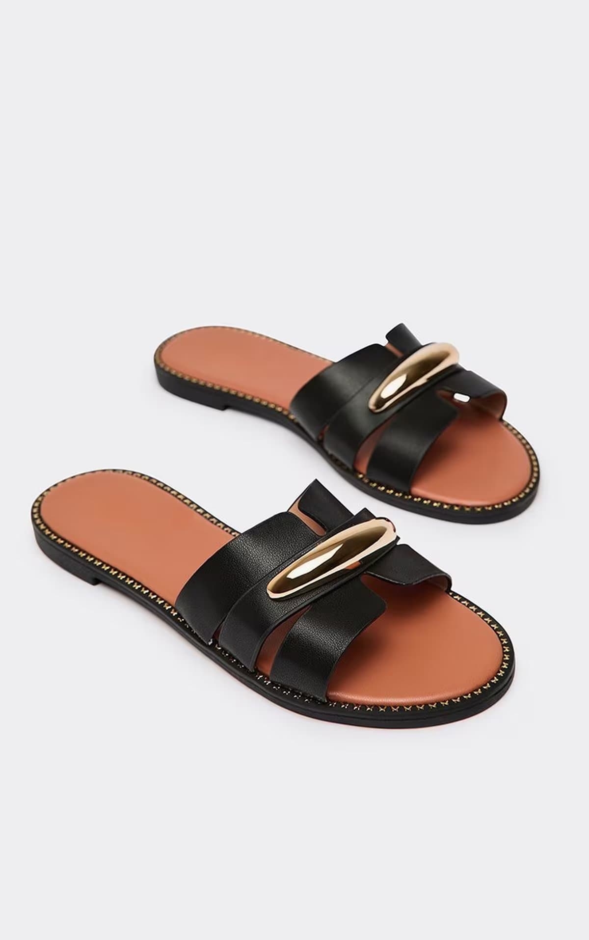 EGO Kilea Cut Out Trim Detail Flat Slider Sandal In Black Faux Leather, Women's Size UK 3