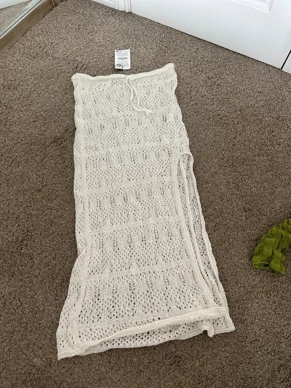 Pull & Bear Pull and bear crochet cream midi skirt with tie waist