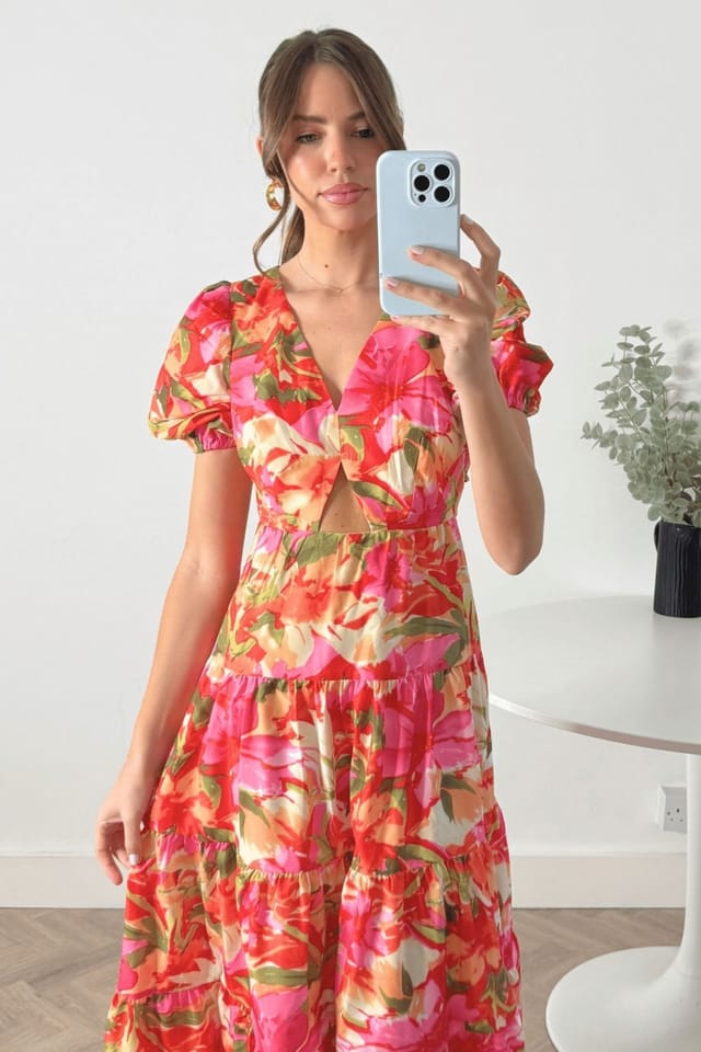 Style Cheat Style Cheat Women's Zoe Tropical Print Tiered Cutout Maxi Dress in Orange - 2