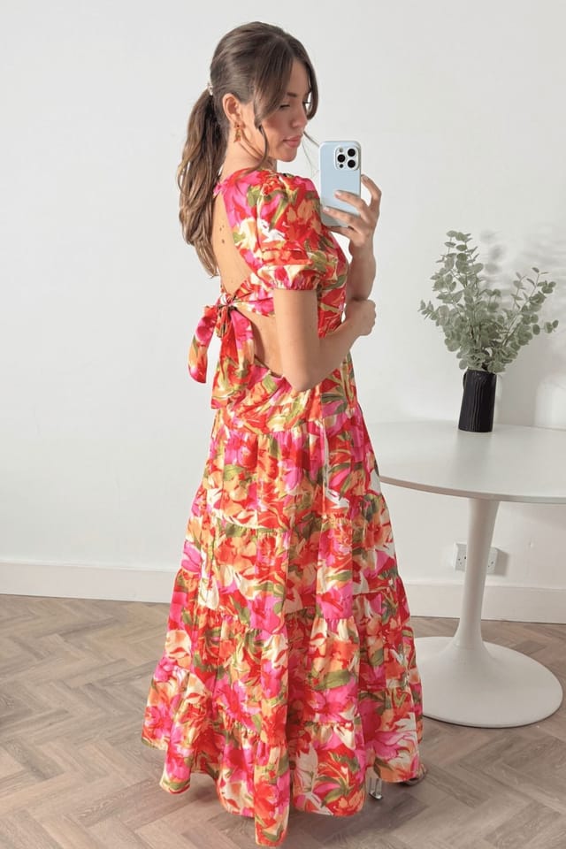 Style Cheat Style Cheat Women's Zoe Tropical Print Tiered Cutout Maxi Dress in Orange - 3