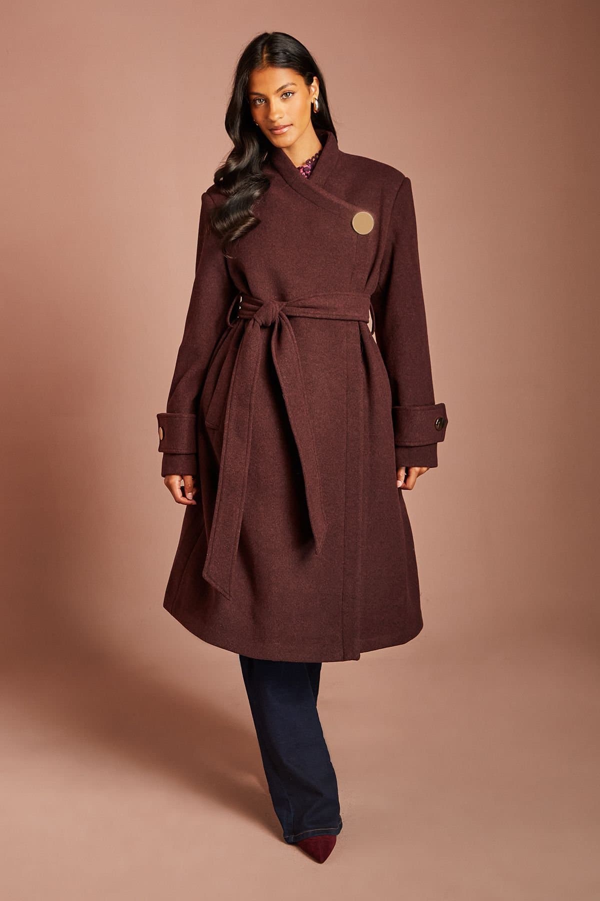 Coast Coast Women's Petite Asymetric Wrap Wool Look Belted Midi Coat in Chocolate