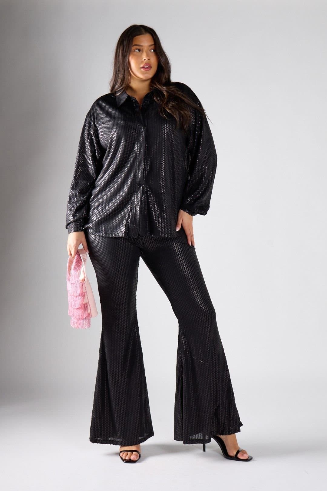 Shnoo Shnoo Black Sequin Flare Trousers for Women