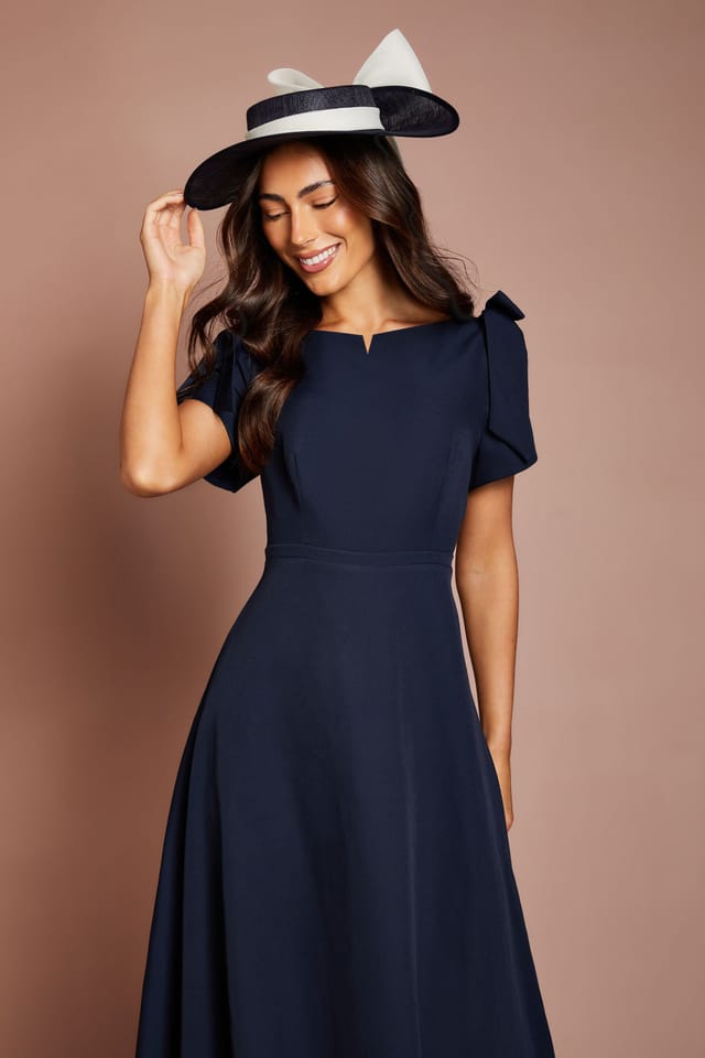 Coast Coast Women's Lisa Tan Bow Shoulder Crepe Full Skirt Midi Dress in Navy - 2