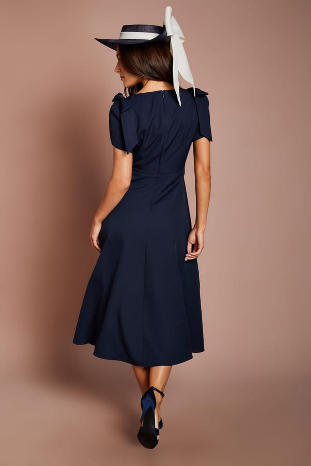 Coast Coast Women's Lisa Tan Bow Shoulder Crepe Full Skirt Midi Dress in Navy - 3