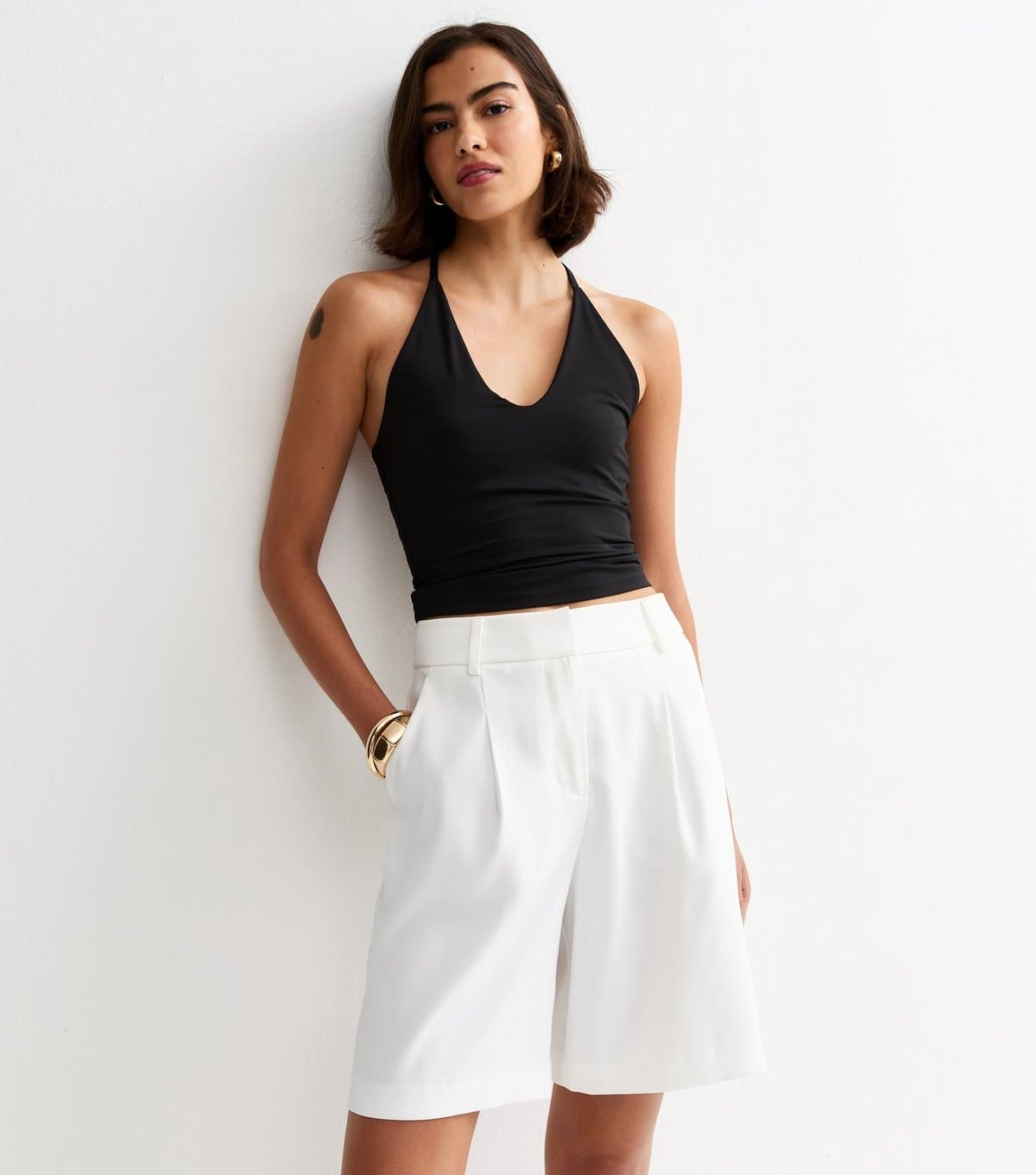New Look New Look White Woven Cotton Longline Pleated Shorts