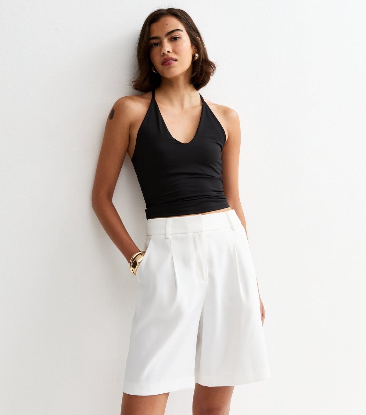 New Look White Woven Cotton Longline Pleated Shorts