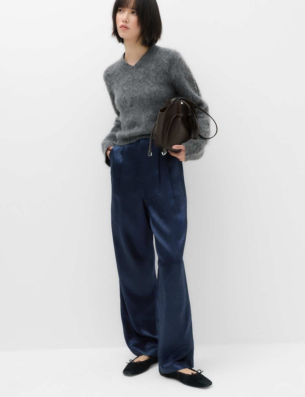 Marks & Spencer M&S Satin Pleated Wide Leg Trousers Midnight Navy