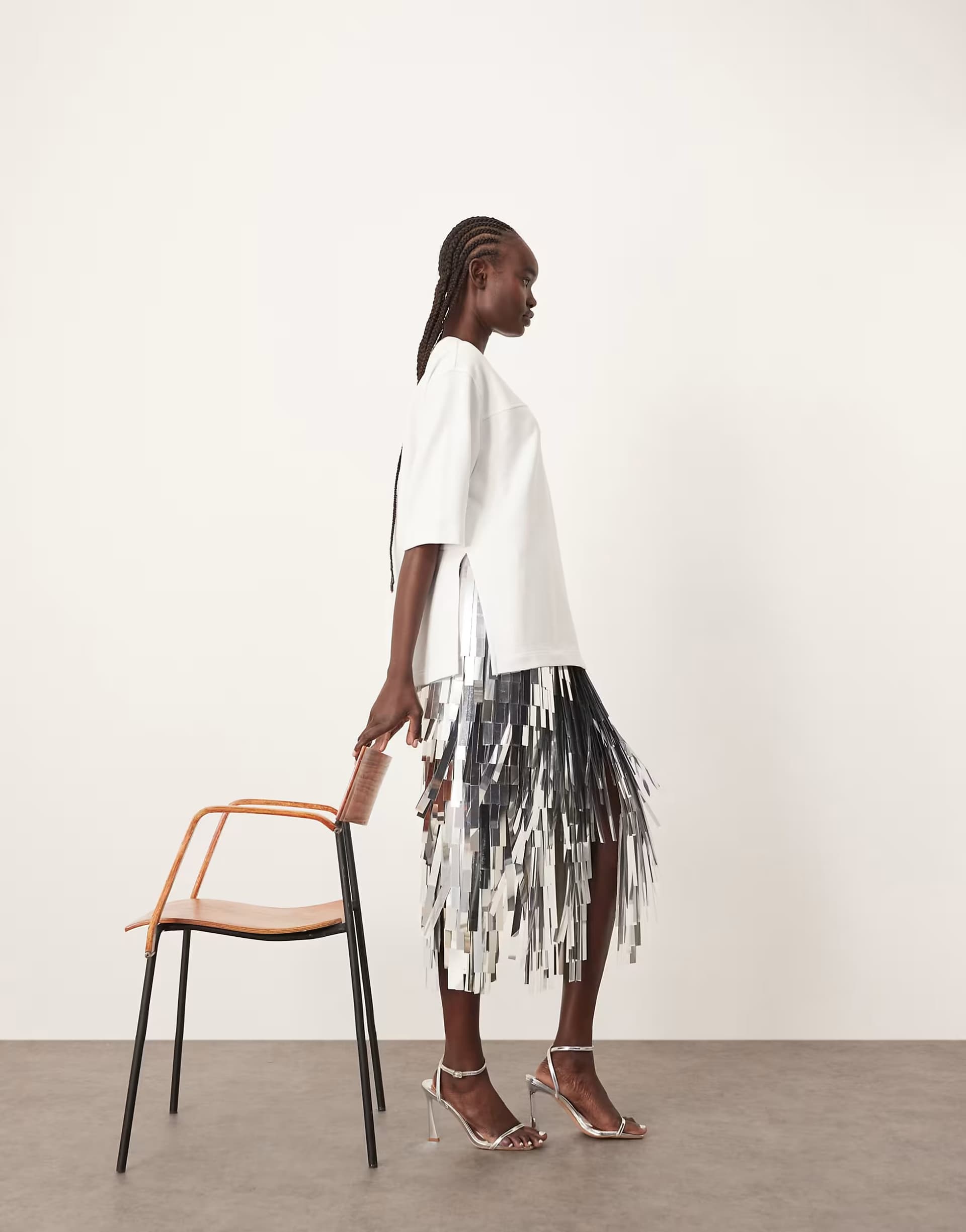 ASOS ARRANGE jumbo shard sequin fringe hem midi skirt in silver