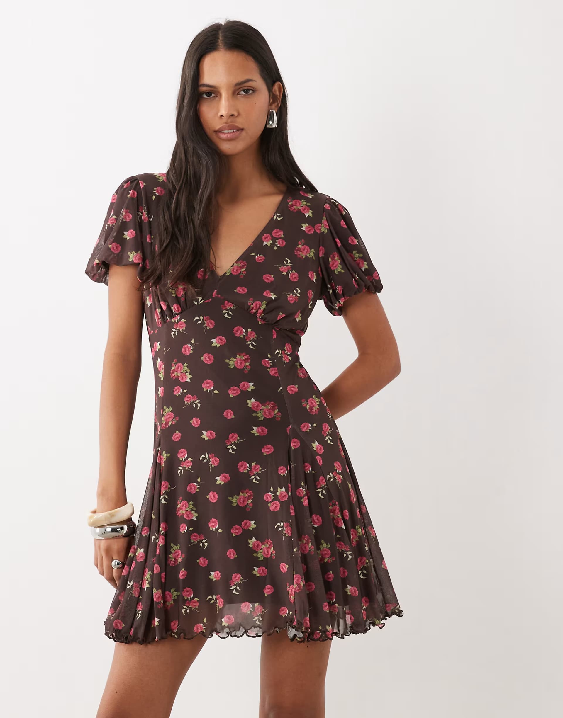 ASOS New Look v neck mesh mini dress in brown floral