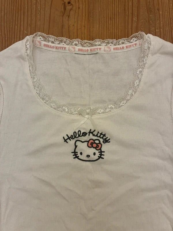 Hello Kitty Hello Kitty x Primark White Ribbed Lace Baby Tee Top UK 8-10 Y2K Coquette Kawaii Size S