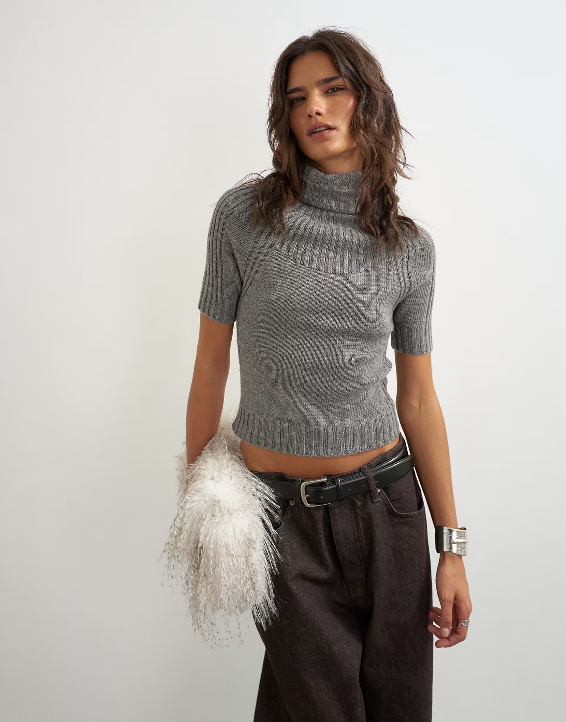 ASOS Topshop knitted rib yoke funnel neck top in grey