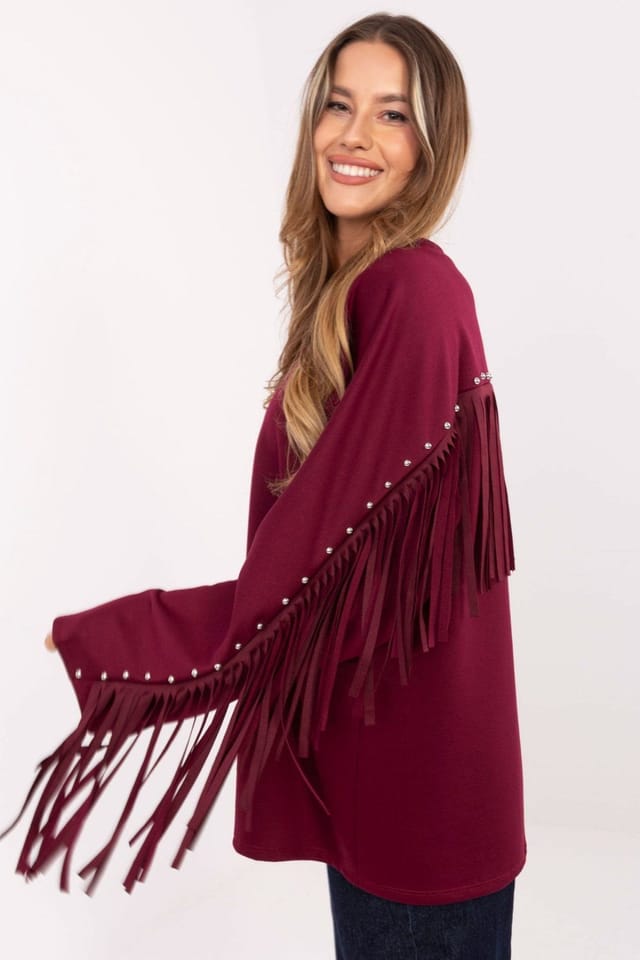 Love Lace Love Lace Women's Casual Fringe Stud Viscose Polyester Sweatshirt in Burgundy - 2