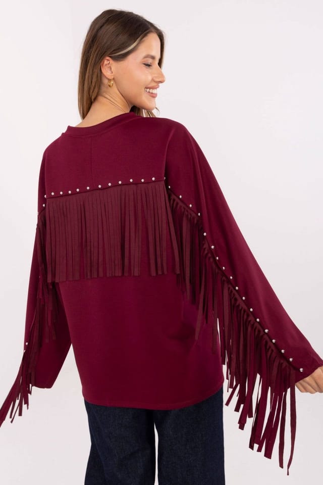 Love Lace Love Lace Women's Casual Fringe Stud Viscose Polyester Sweatshirt in Burgundy - 3