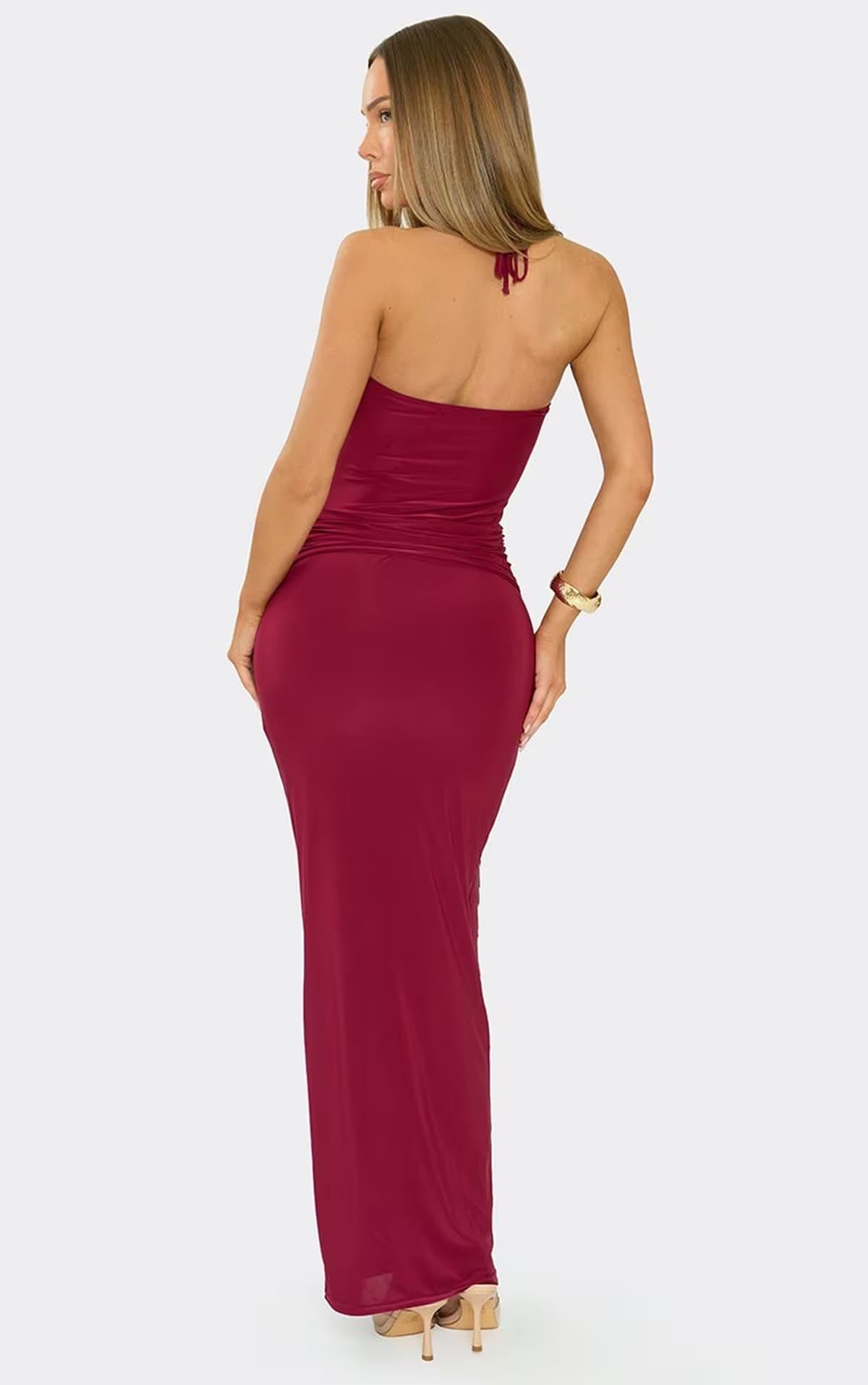 EGO Strappy Halterneck Trim Drape Front Ruched Maxi Dress In Burgundy Slinky, Women's Size UK 6