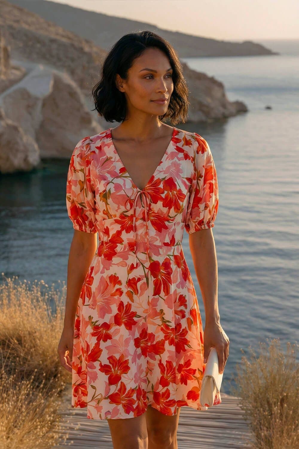 Dusk Dusk Women's Floral Tie Front Dress in Red