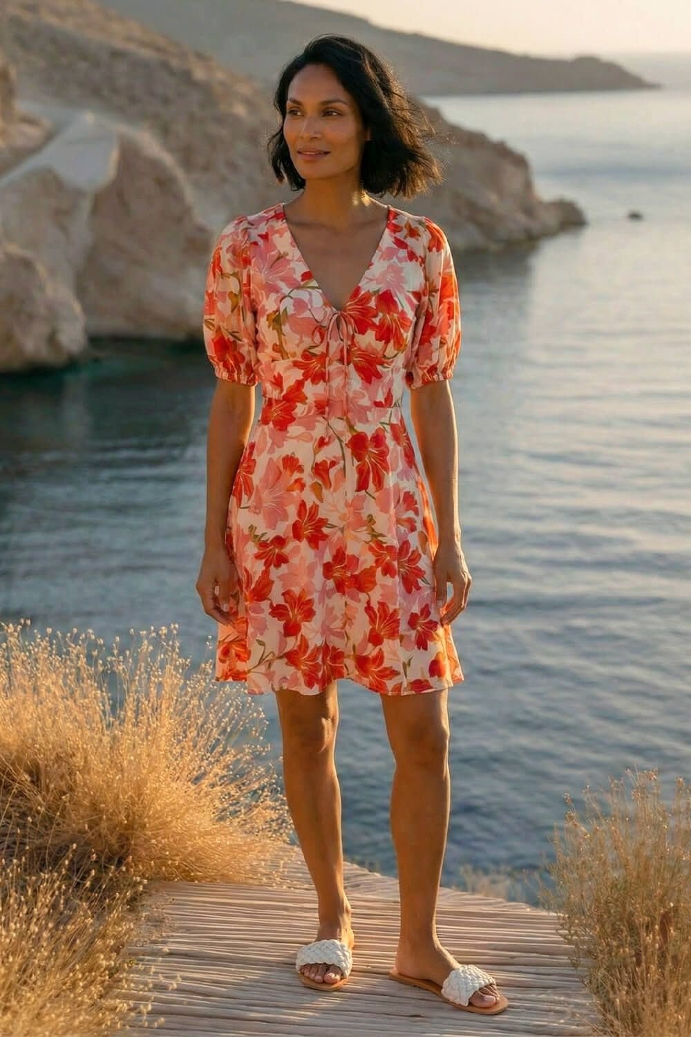 Dusk Dusk Women's Floral Tie Front Dress in Red - 4