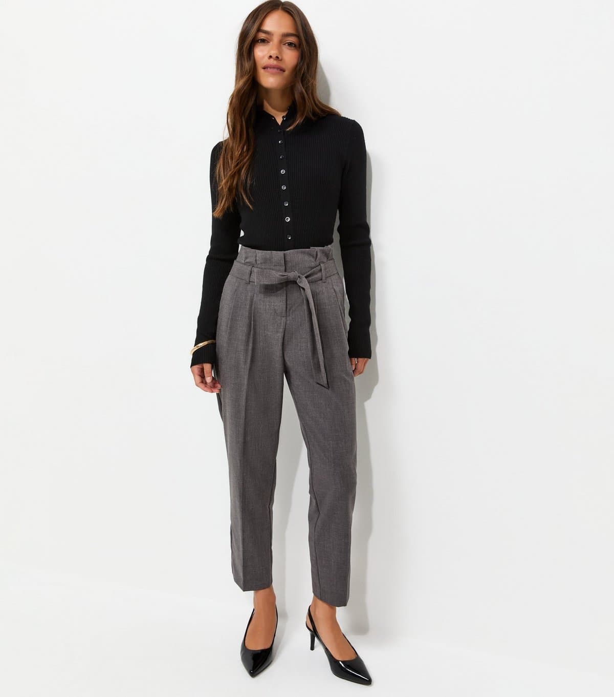 New Look New Look Dark Grey Woven Paperbag Waist Petite Trousers