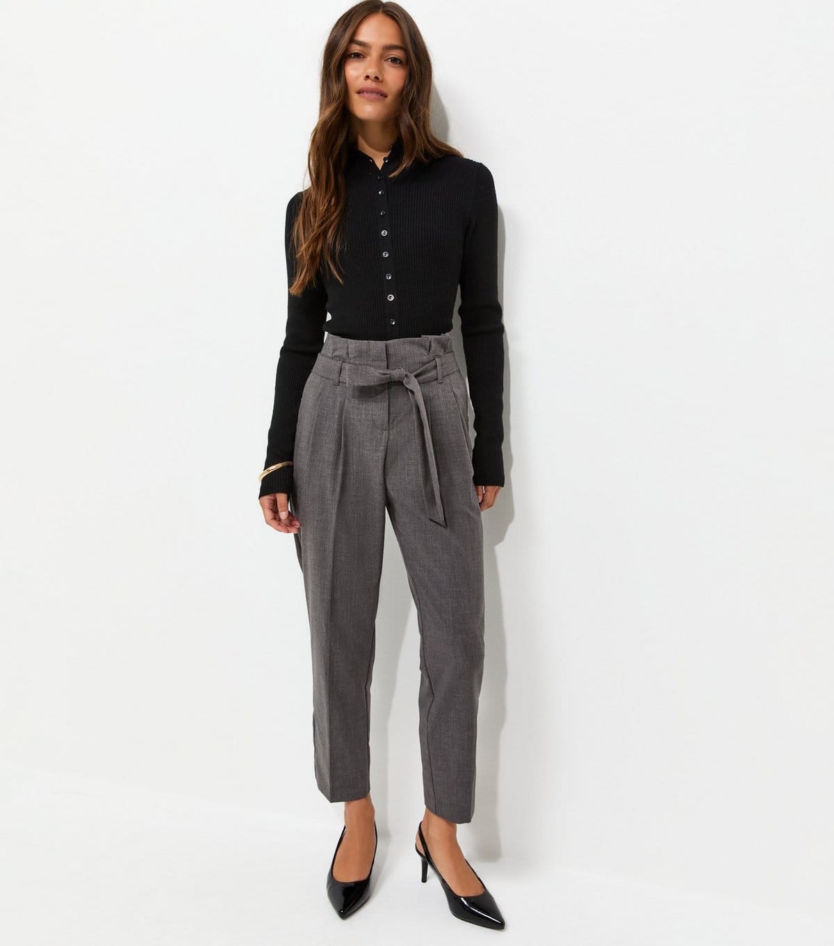 New Look Dark Grey Woven Paperbag Waist Petite Trousers