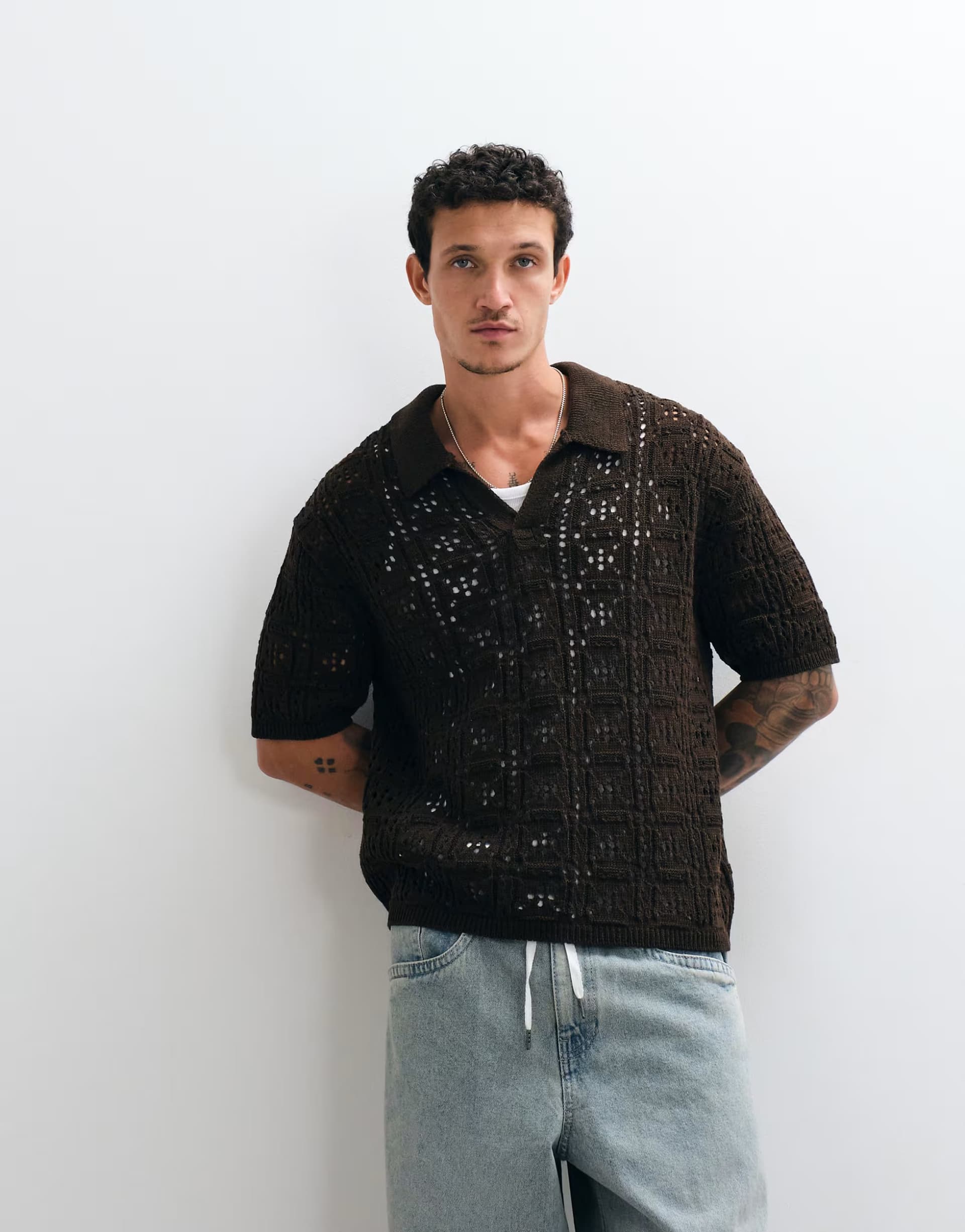 ASOS Reclaimed Vintage crochet knit shirt in chocolate brown