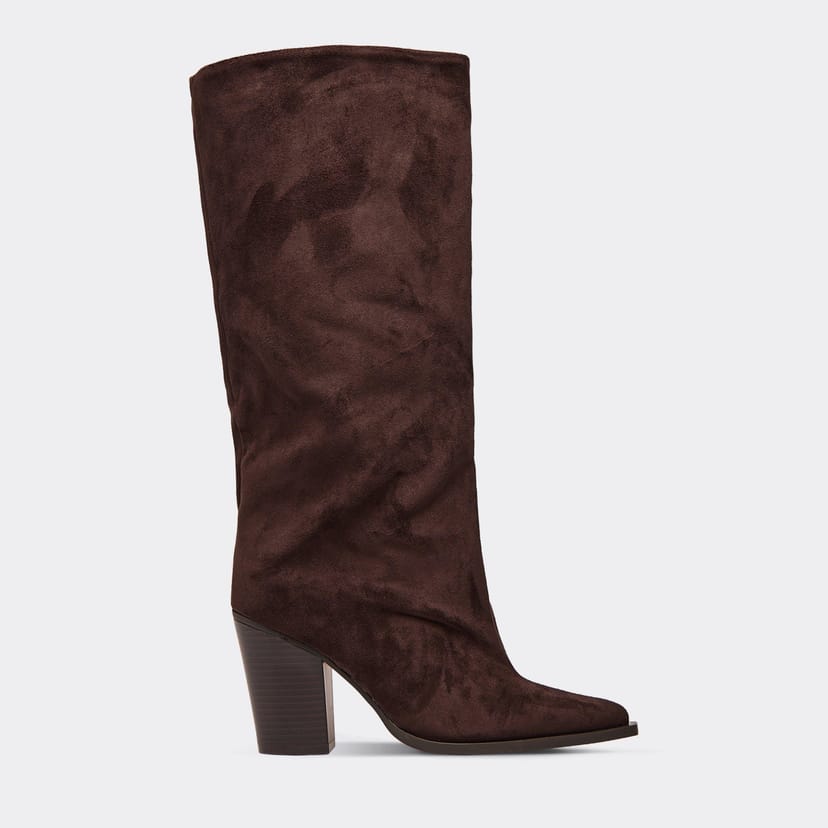 EGO Bobo Pointed Toe Block Heel Knee High Boot In Brown Faux Suede, Women's Size UK 3 - 1