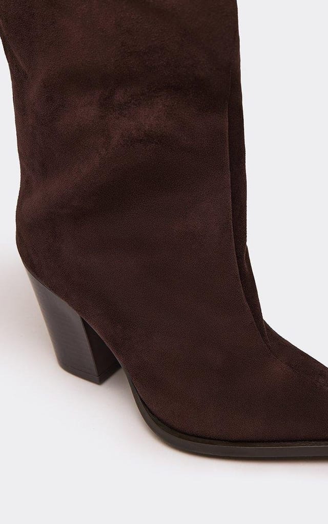 EGO Bobo Pointed Toe Block Heel Knee High Boot In Brown Faux Suede, Women's Size UK 3 - 2