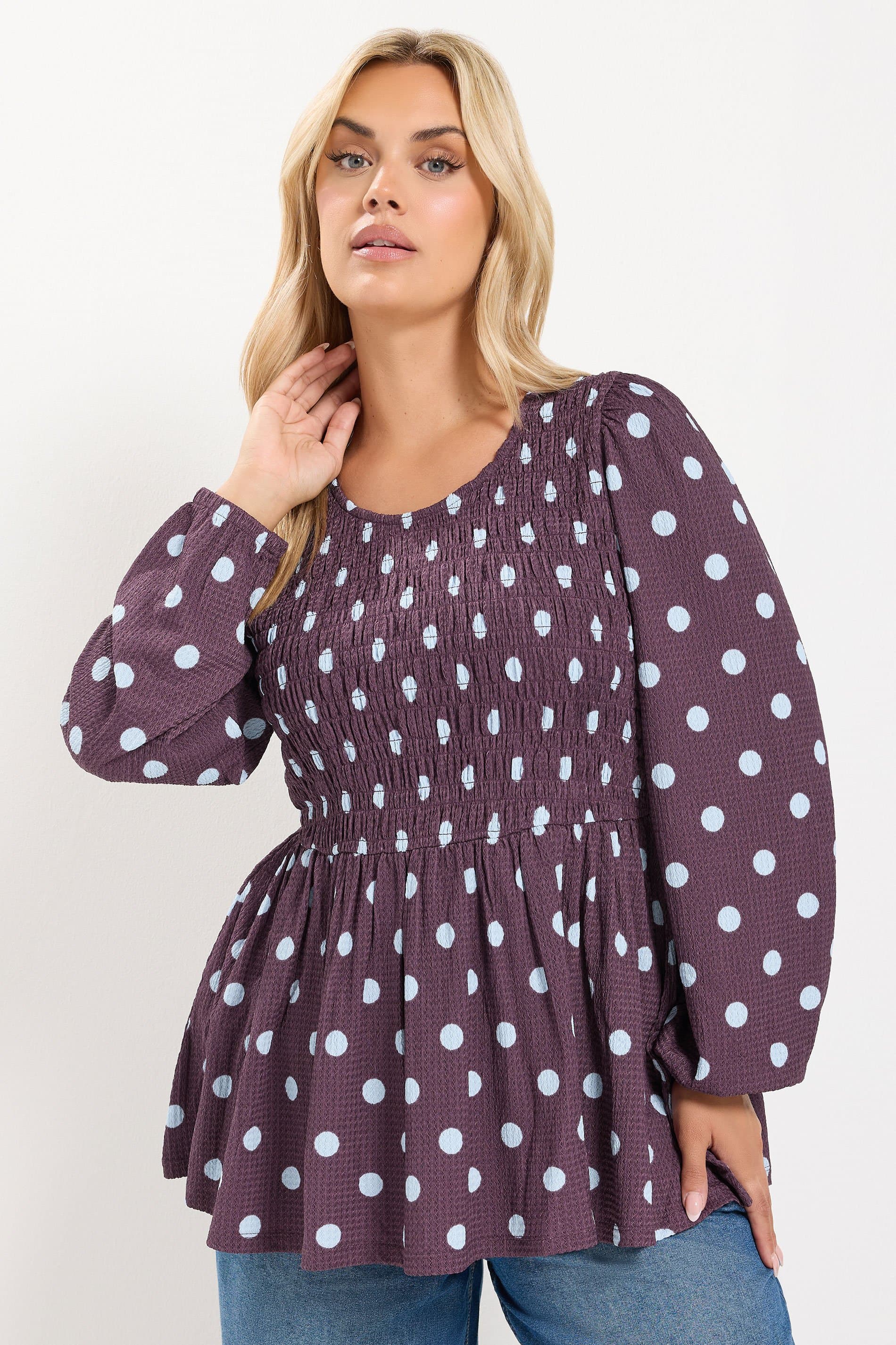 Yours Plus Size Purple Polka Dot Peplum Top