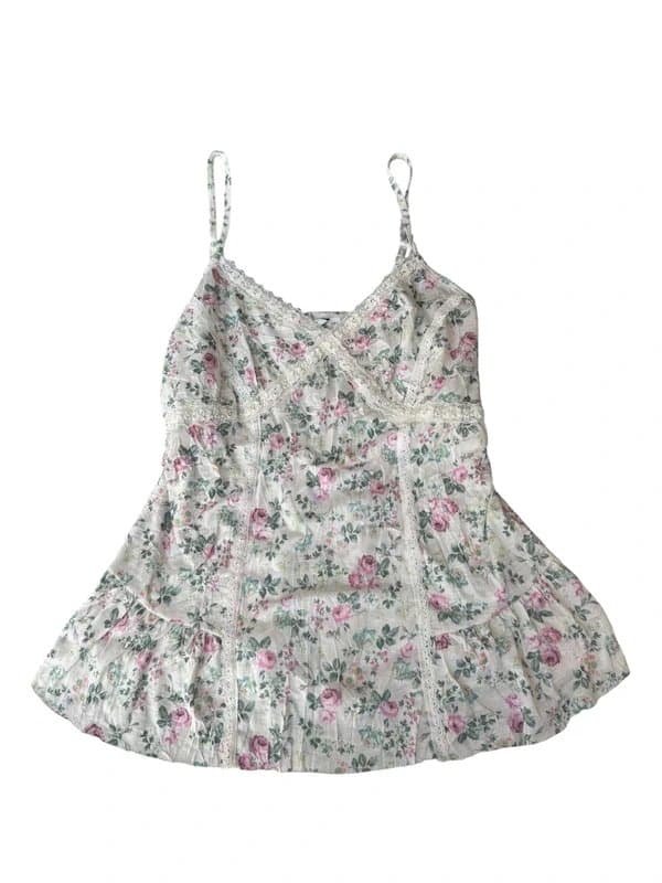 New Look y2k pink and white floral patterned lace embroidered tie back cami top
