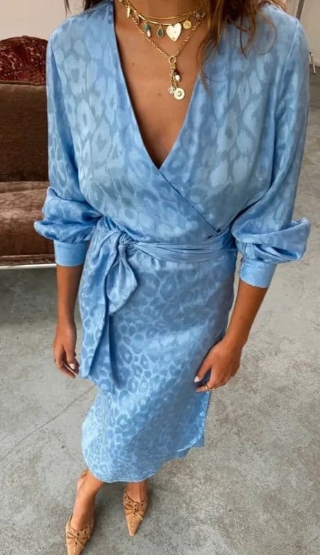 Never Fully Dressed Light Blue Leopard Embossed Satin Wrap Dress